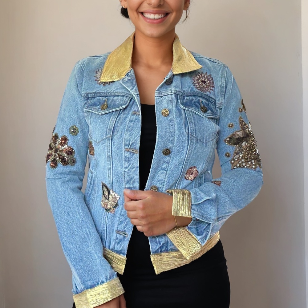 Beaded Appliqué and Gold Trimmed Hand Embellished Denim Jacket | One-of-a-Kind |